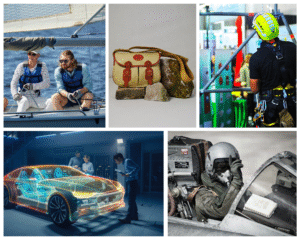 Photo collage showing sector images depicting marine, apparel, PPE Safety, automotive & aviation
